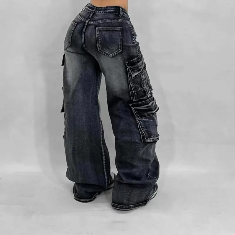 Y2K Washed Retro Jeans Fashion Niche Multi Pocket Street Clothing Zipper Cargo Pants Womens Hip Hop Bag Wide Leg Jeans 250224