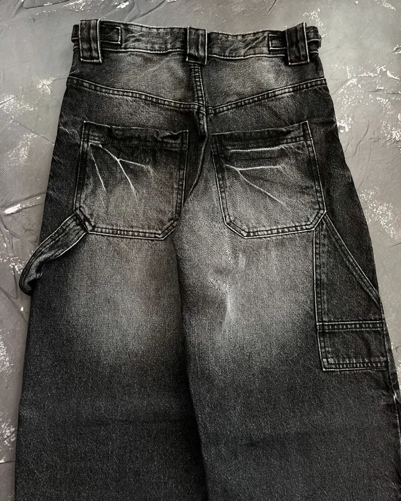 American fashion trend multi pocket washed straight jeans for womens street Y2K hip-hop loose mop wide leg jeans unisex jeans 250224