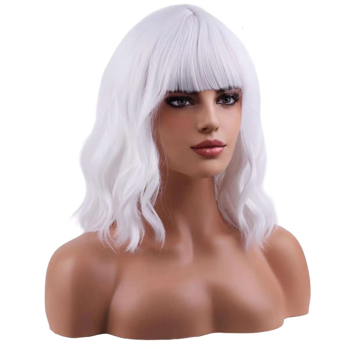 White Bob Synthetic Short Curly Wavy Lolita Natural Hair Wigs With Bangs For Women Heat Resistant Cosplay Wig