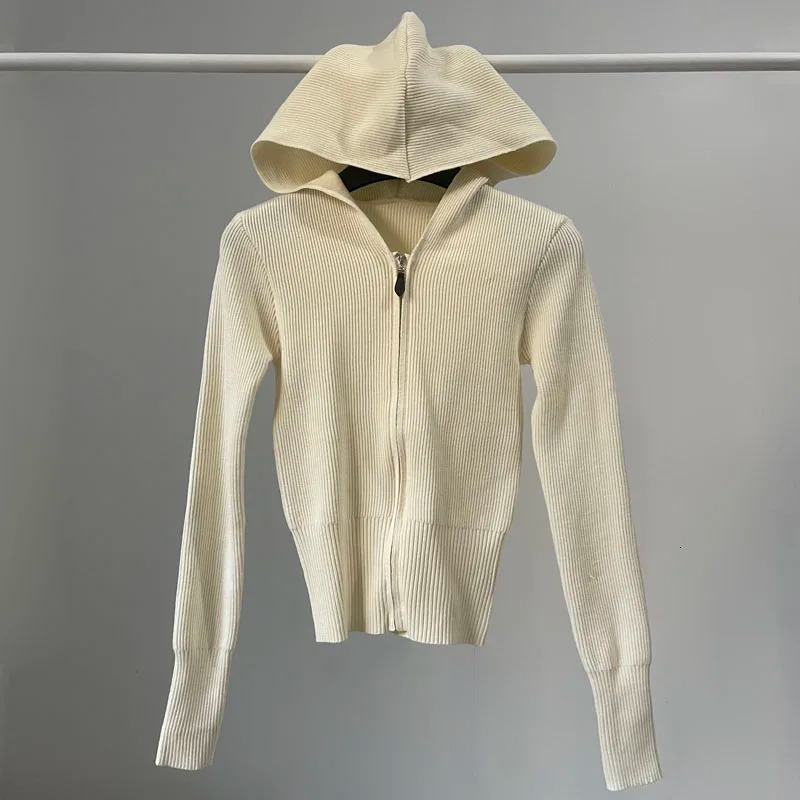 Hooded Slim Solid Cropped Zipper Cardigan Women Crochet Knitwear Knitted Top Jacket Korean Gray Black Beige Brown