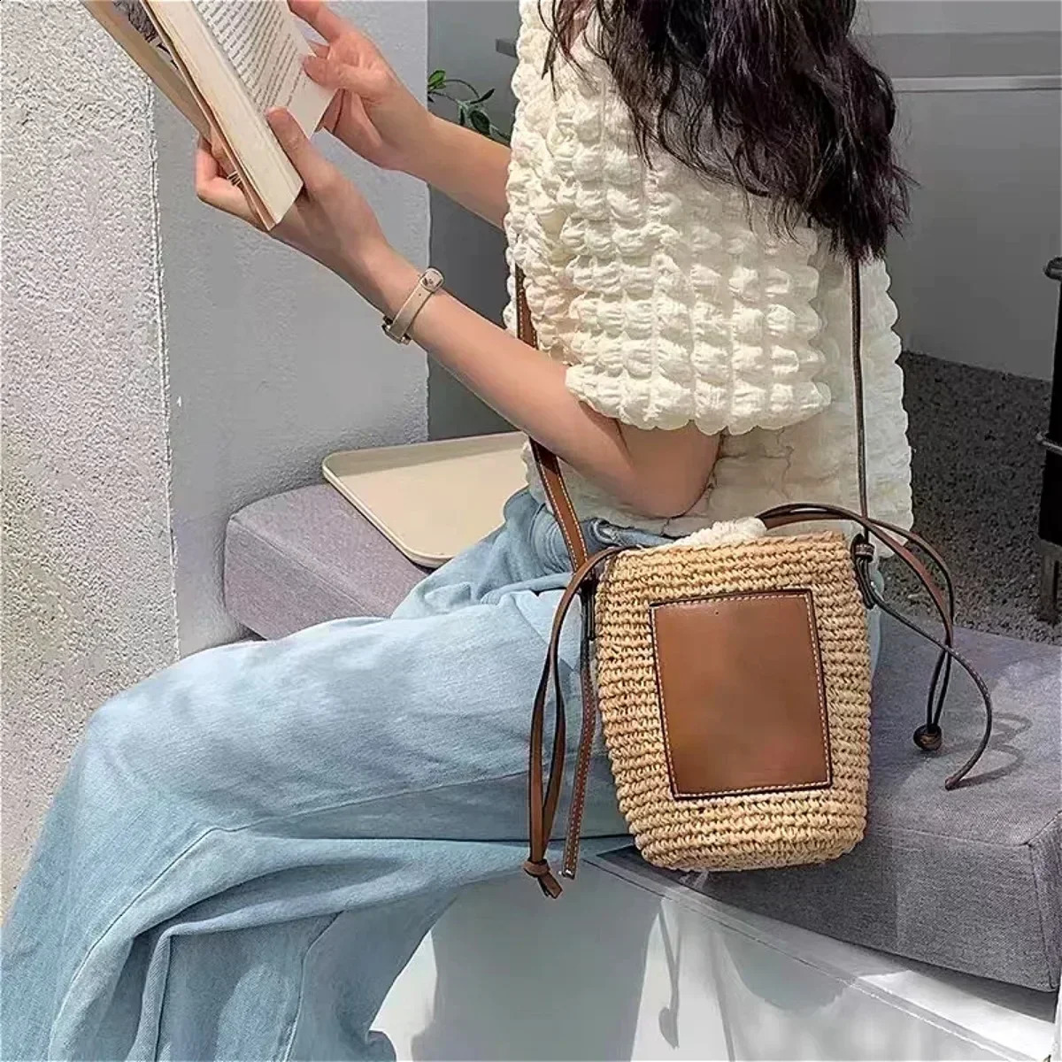 Crochet Oblique Span One Shoulder Bag Protable Drawstring Handbags Round Rope Woven Women Crossbody Bags Holiday Gifts 250227