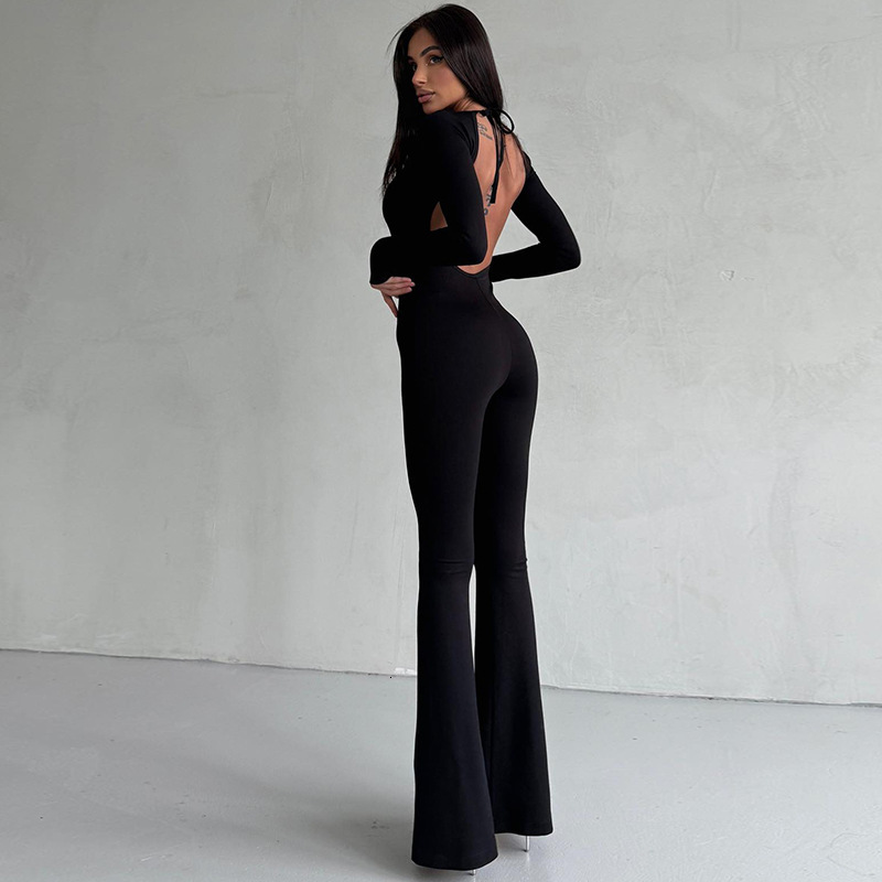 Women's New4 Spring New Fashion And Sexy Off Back Lace Solid Color Slim Fit Long Sleeved Jumpsuit