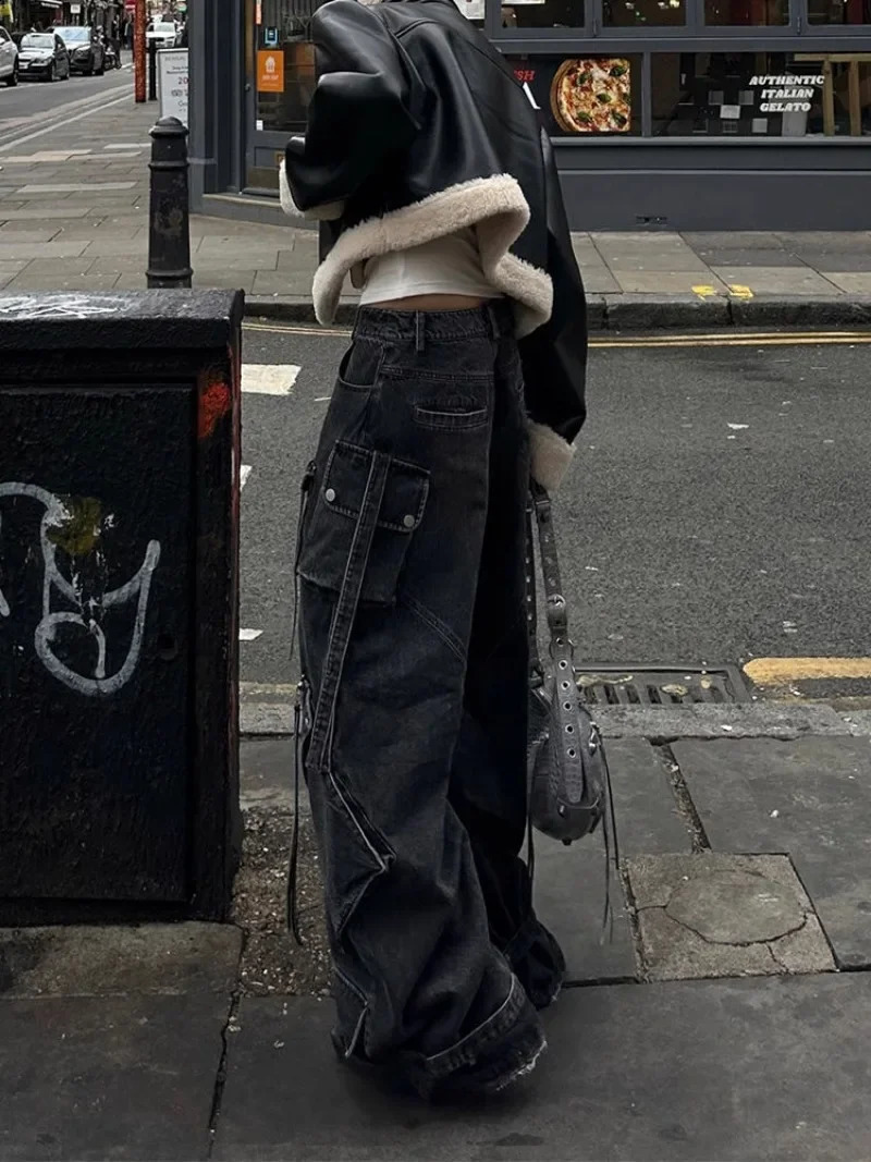Fashion Heavy Industry Multi Pocket Wash Cargo Pants Women Y2K Streetwear Winter Girl Hip Hop High Waist Straight Jeans 250224