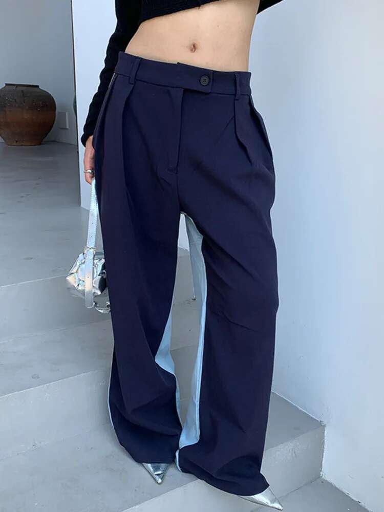DEAT Fashion Women's Pants Mid Waist Contract Color Folds Pockets Streetwear Straight Leg Trousers Spring 2025 New Tide 7Ab792