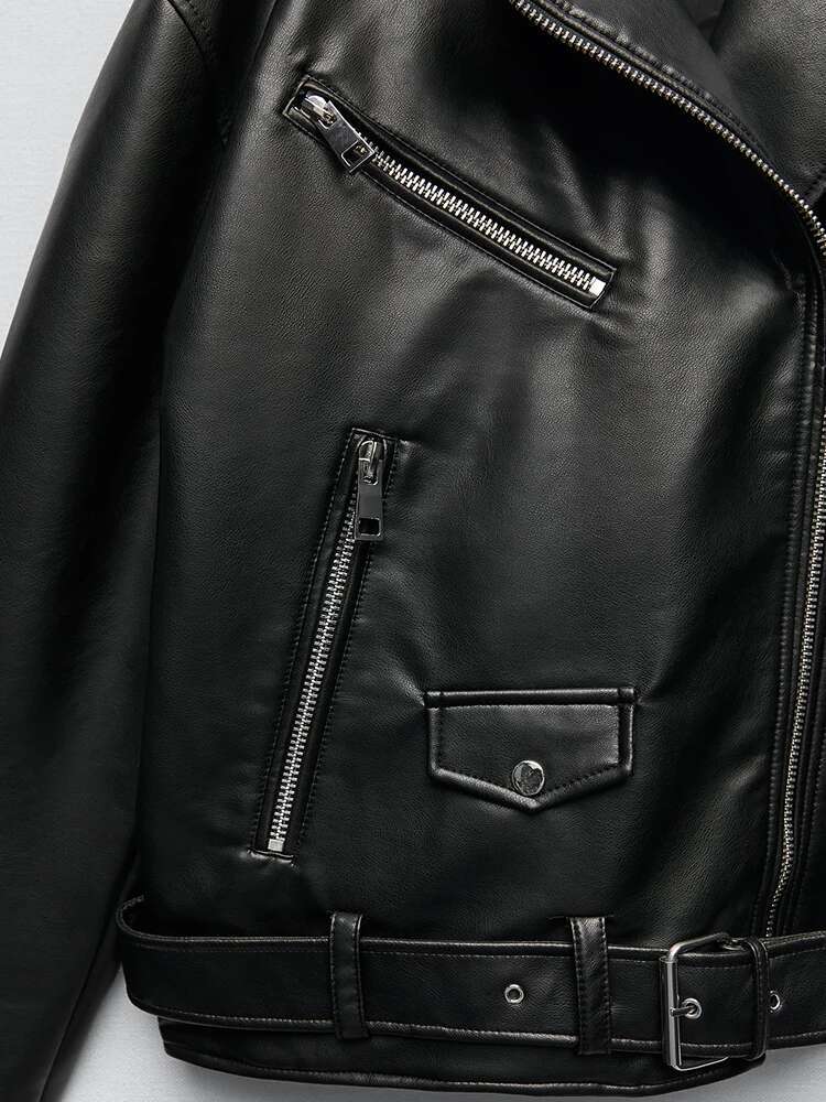 Designer Aigo Women Loose Motorcycle Biker Black Pu Faux Leather Jacket With Belt Spring Autumn Female Zipper Coat Outwear