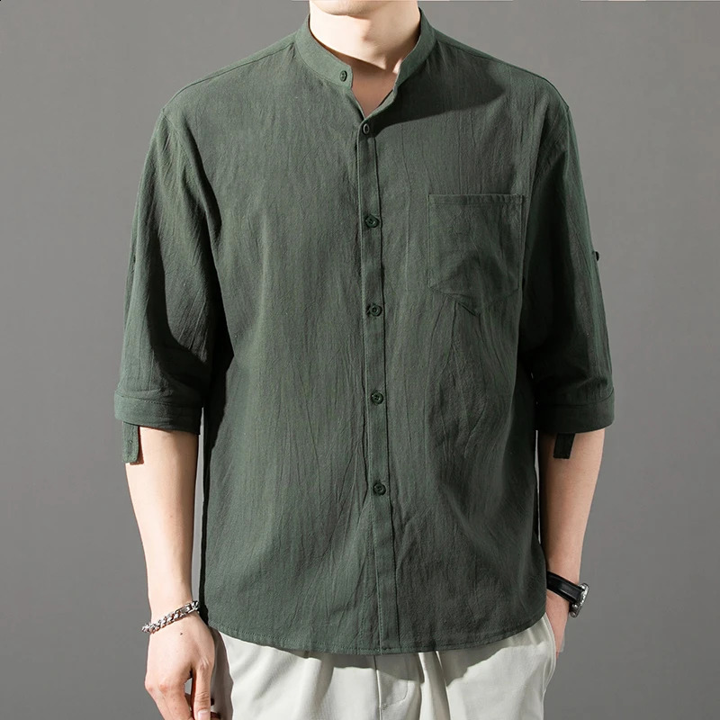 Three Quarter Sleeve Shirts Summer Cotton Linen Mens Solid Color Stand-Up Collar Casual Beach Style Shirt Tops 250225