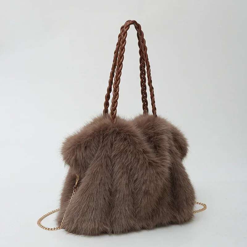 Large Capacity Solid Color Faux Fur Tote Fashion Pleated Design Women's Winter Plush Shoulder Fluffy Soft Shopper Bag Female