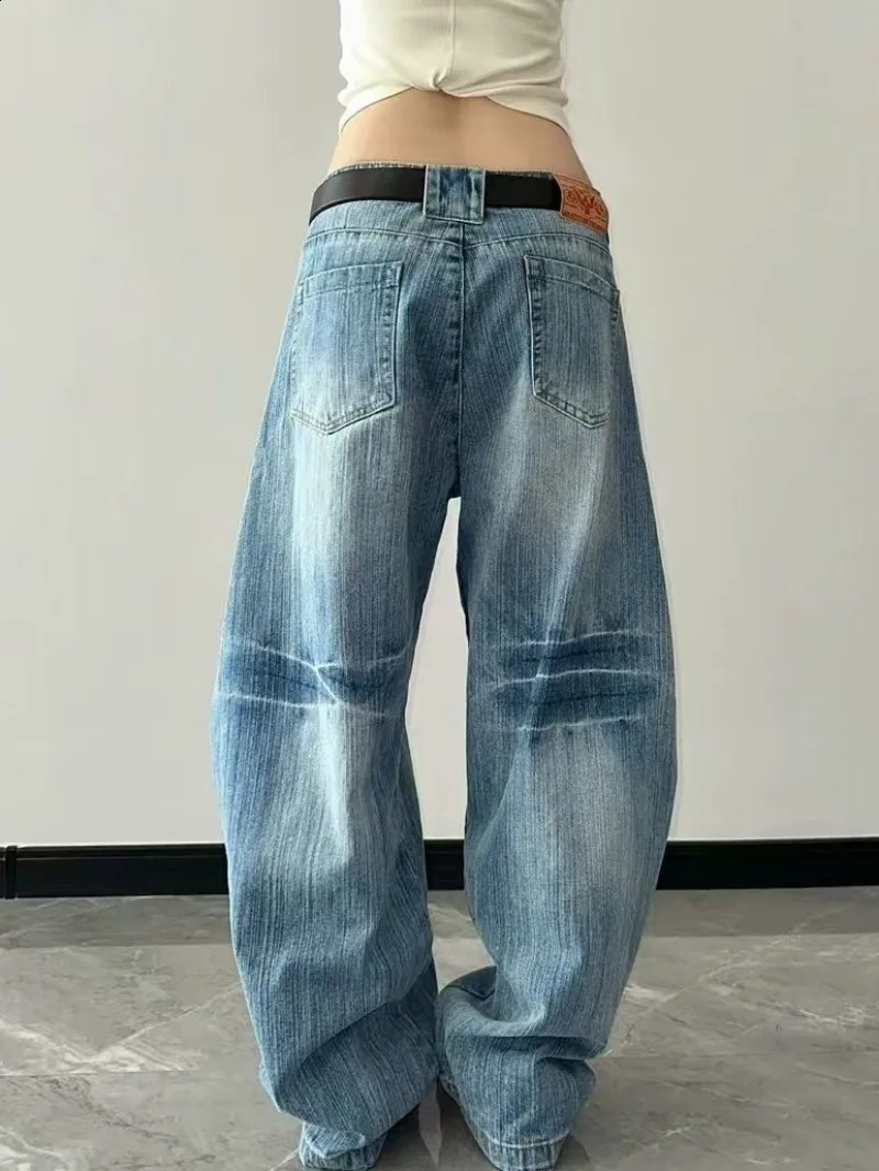 American Fashion Blue Wash Wide Leg Jeans Women Y2K Retro Street Hip-hop Loose Harajuku Simple Casual High Waist Straight Jeans 250225