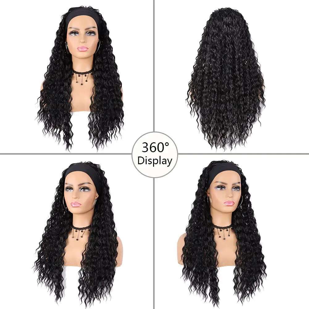Black Women Synthetic 24Inch Wet And Wavy Headband Wig Curly Wave Long Wigs For Daily Party