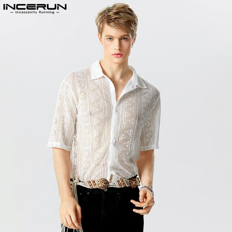 INCERUN Tops American Style Casual Mens Hollow Lace Printed Shirts Fashion Street Short Sleeved Lapel Blouse S-5XL 250224
