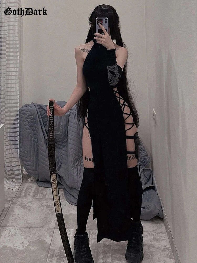 Goth Dark Cosplay High Split Sexy Bandage Women Dresses Y2K Mall Gothic Halter Slim Midi Dress Black Grunge Style Alt Partywear 250228