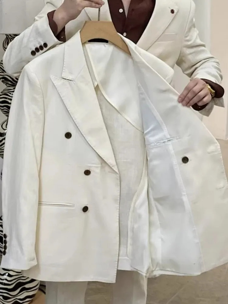 Spring and summer business mens work linen suit ultra-thin fit double corset jacket pants two-piece set wedding dress set 250224