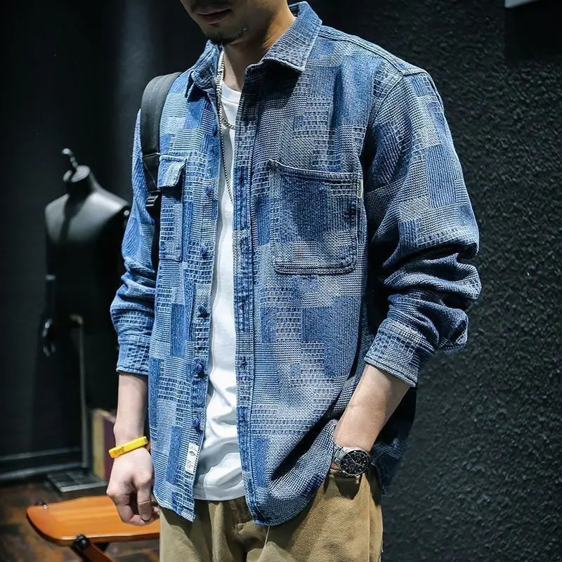 Fashion Lapel Button Pockets Printed Geometric Denim Shirts Mens Clothing 2024 Autumn Winter Loose Punk Tops Casual 250226