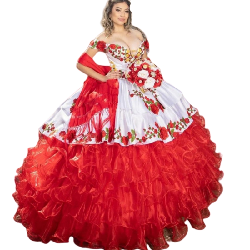 Mexican Charro Quinceanera Dress With Flower Embroidery Off The Shoulder Ruffles Tiered Ball Gown White and Red Sweet 16 Dresses Bow Back