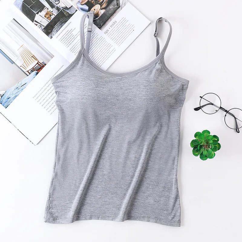 1 Piec Undershirt Solid Color Smocked Camisole Tank Top with Bra Pads Tops Female Summer Underwear Bottoming Anti-walking Bustie 250224