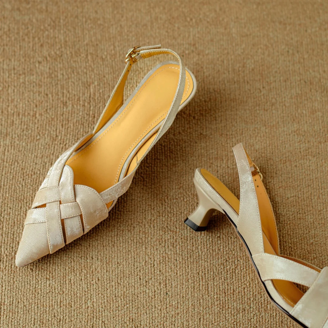 Womens genuine leather narrow band cross strap pointed toe slingback kitten heel sandals summer heeled shoes for woman 250228