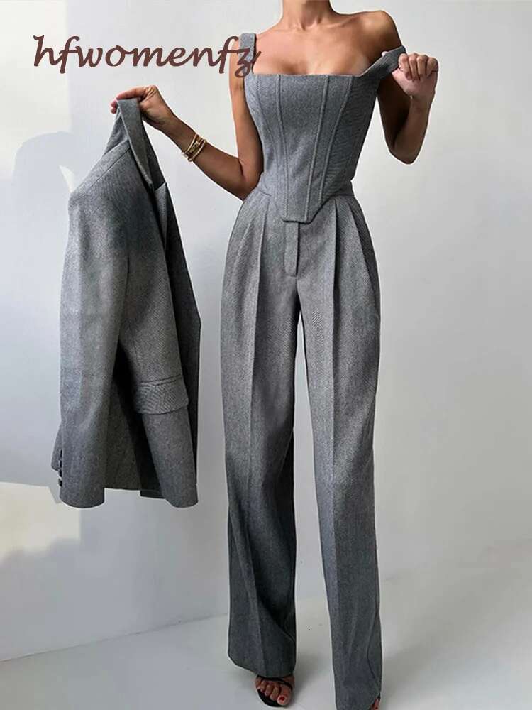 Designer Fashion Loose Pants Sets For Women 3 Pieces Elegant Long Sleeve Belt Blazer Tank Top With High Waist Wide Trousers Lady Suits