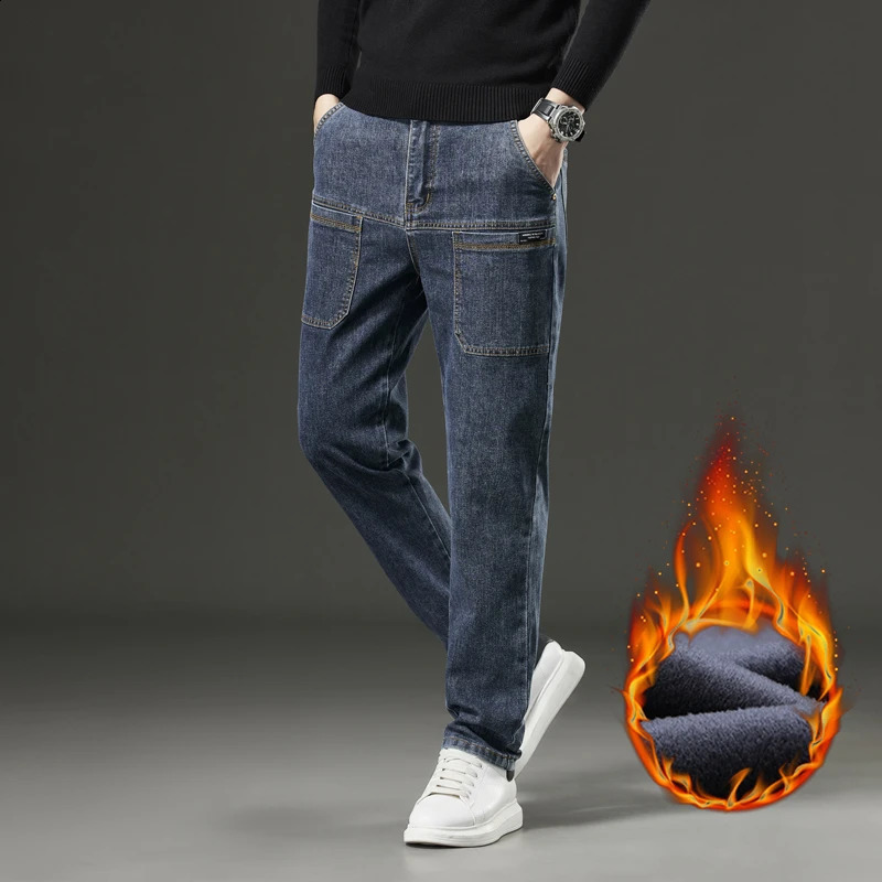 Winter Fleece Men Jeans Cargo Denim Pants Thicken Warm Korea Fashion Pocket Denim Pants Straight Plush Jean Womens Streetwear 250226