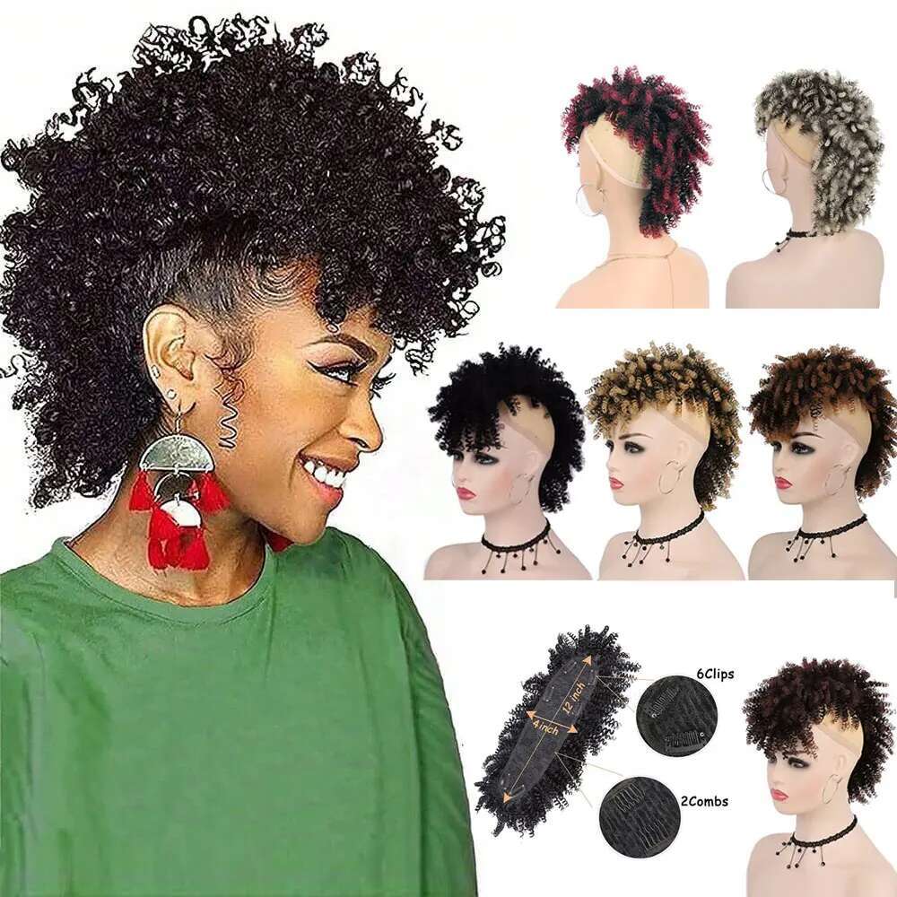 Synthetic High Puffro Ponytails For Women Mohawk Short Kinky Curly Ponytail Extension Hair Bun With Bangs