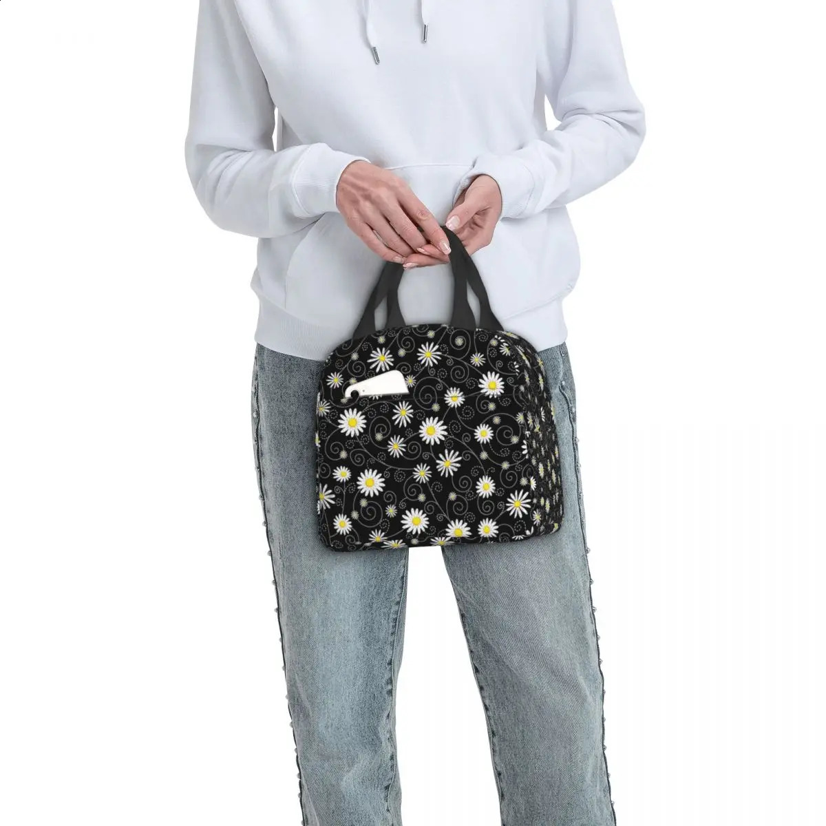 Black Daisy Flower Lunch Bag Daisies Floral Resuable Cooler Thermal Insulated Lunch Box for Women Camping Picnic Food Bag 250228