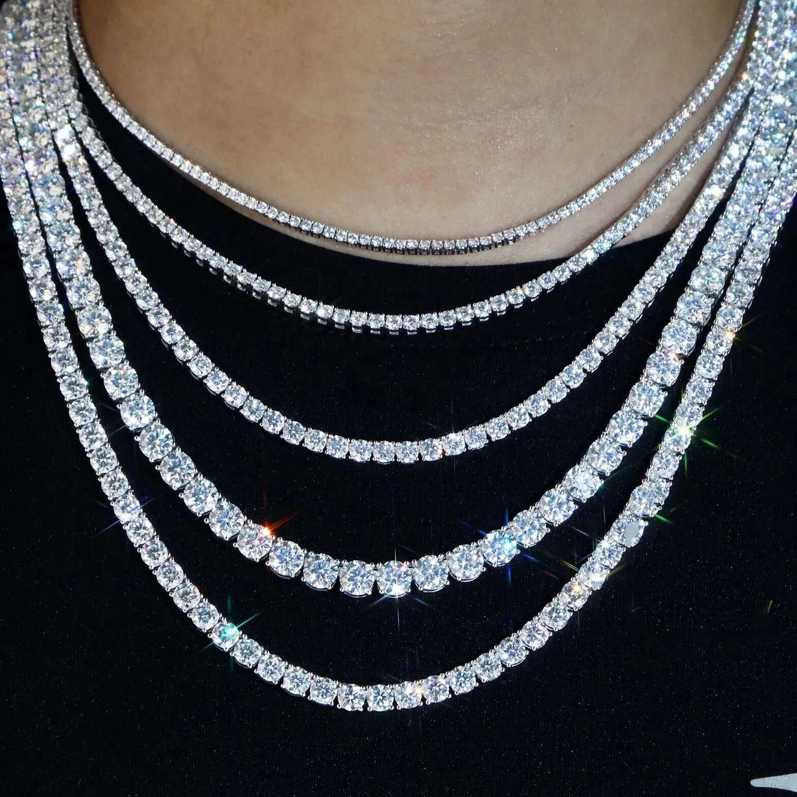 1pc S Sterg Sier With 45.9-112.00CT Necklace Gift 3-6.5 Mm D Color VVS1 Round Cut Moissanite Tennis Ne