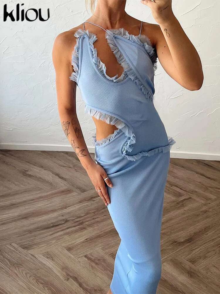 Kliou Ruched Trim Women Maxi Dress Solid Elegant Trend Asymmetrical Suspendency Sheath Concise Robe Female Banquet Party Vestido