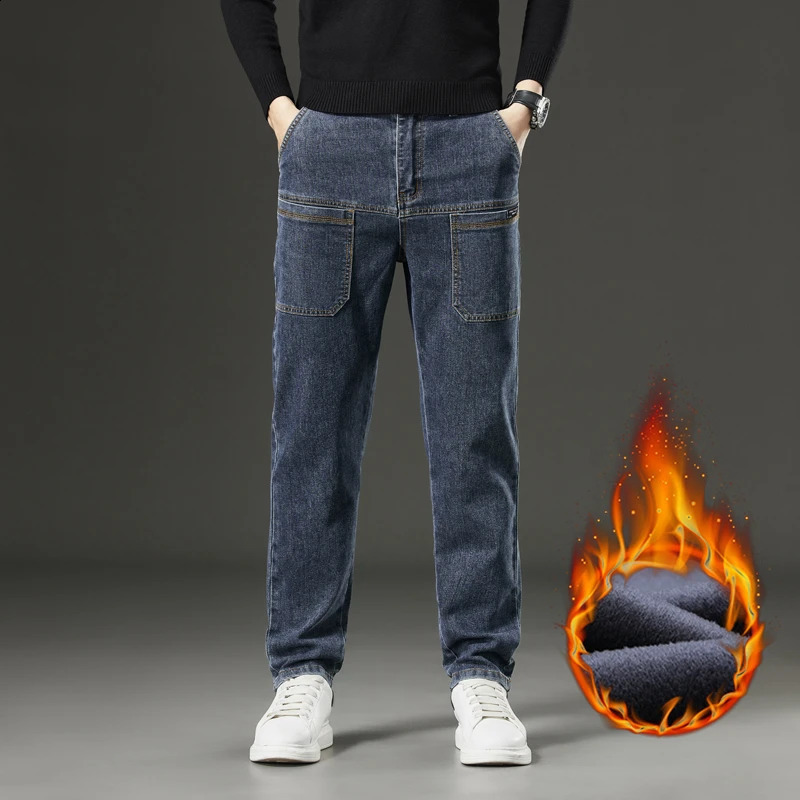Winter Fleece Men Jeans Cargo Denim Pants Thicken Warm Korea Fashion Pocket Denim Pants Straight Plush Jean Womens Streetwear 250226