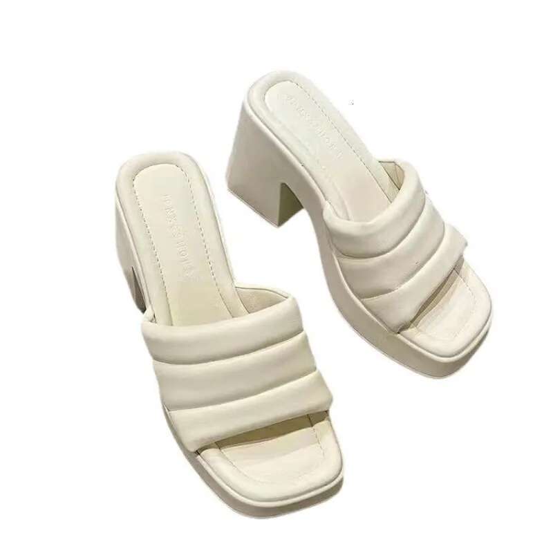Casual Summer High-heeled Women Fish Mouth Ladies Shoes on Sale 2025 Fashion New Square Toe Anti-wrinkle Women's Slippers 's