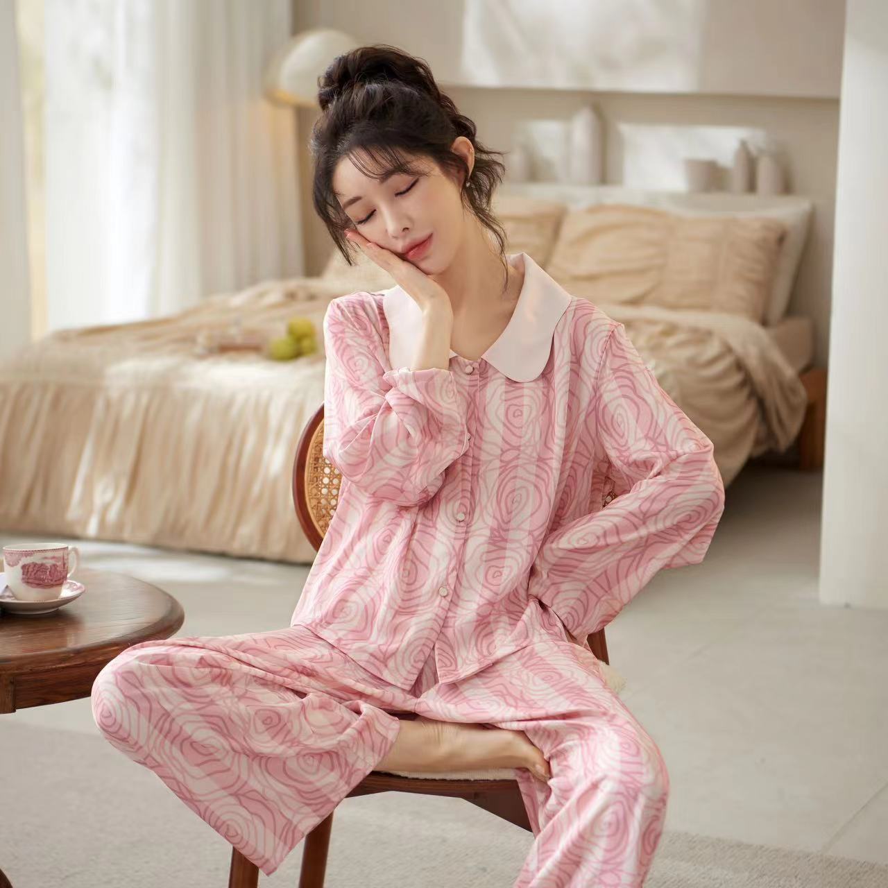 B740-Spring and summer pajamas women's suit rose pink stripes loose willow silk long sleeves thin home clothes pajamas