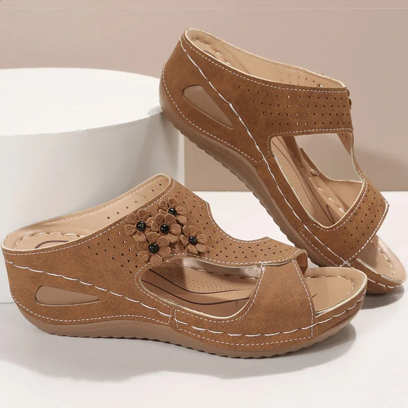 Sandals Women Retro Heels Sandals For Summer Shoes Women Slip On Wedge Sandals Woman Soft Heeled Slippers Indoor Outdoor 250228