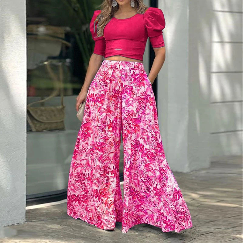 Womens Elegant Summer Loose Set Sexy Slant Neck Solid Cut Shirt and Printed Pocket Wide Leg Pants Set Waist Set 250225