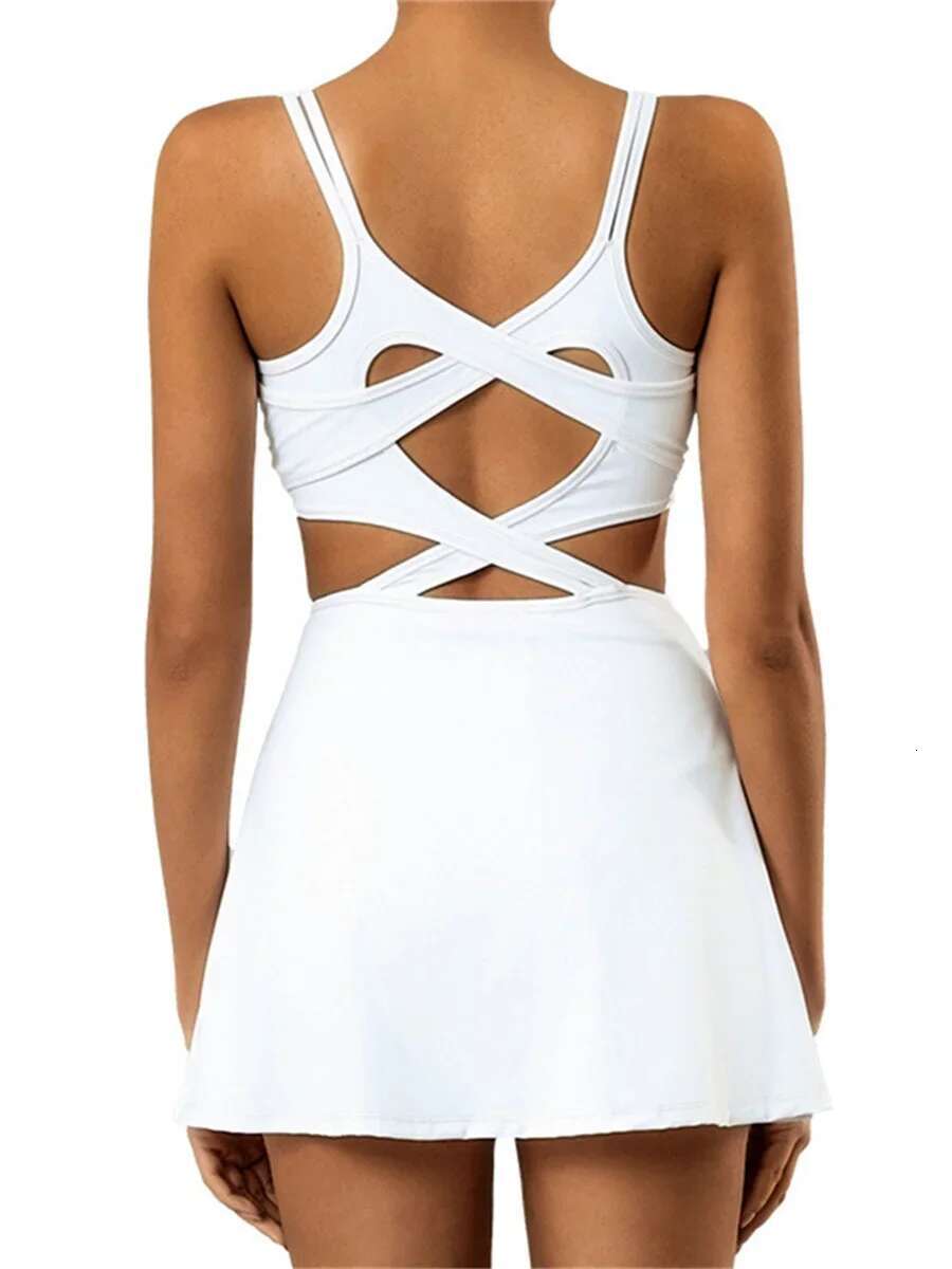 Tennis Dress Women Sleeveless Push Up Padded Sport Dresses Training Running Fiess Hollow Out Backless Slim Badminton Suit