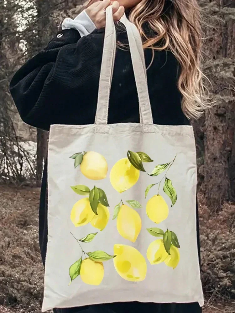 1pc Fruit Lemon Pattern Women Shopper Bags Tote Bag Canvas Plant Travel Shoulder Handbag Shopping 250221