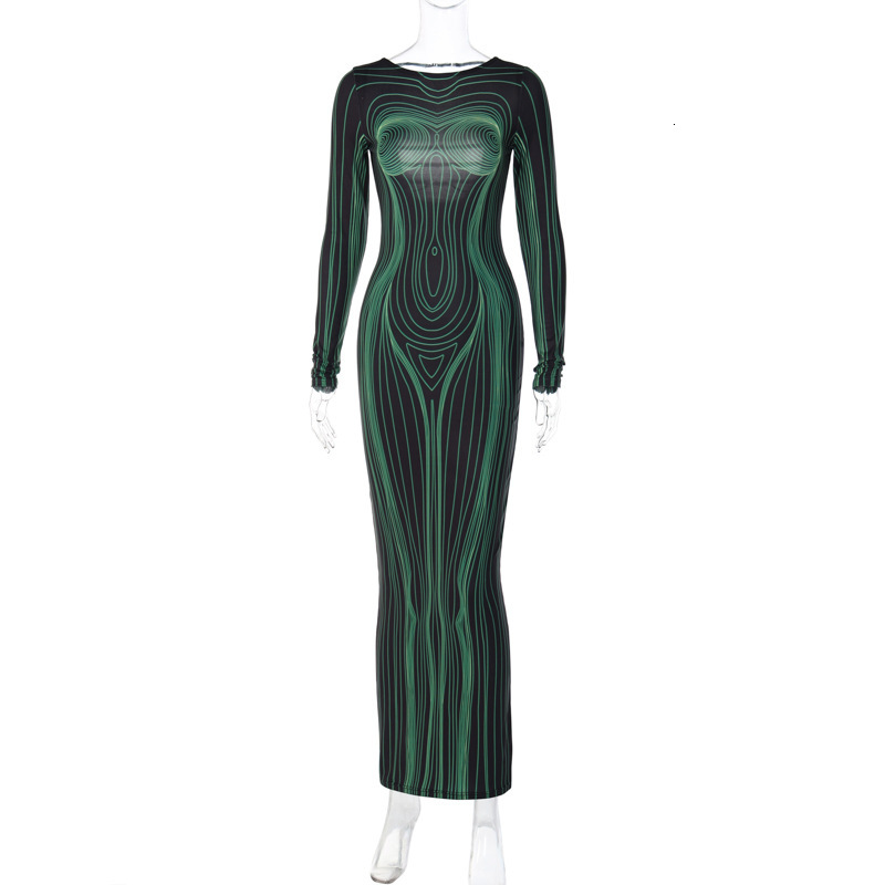 Women's New4 Summer New Fashion Print Backless Slim Fit Round Neck Long Sleeved Dress
