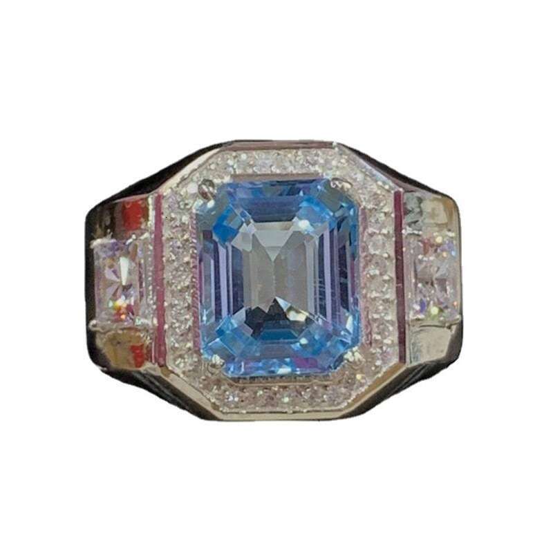 Feiyu's new square sea blue domineering fashionable men's bracelet silver diamond ring