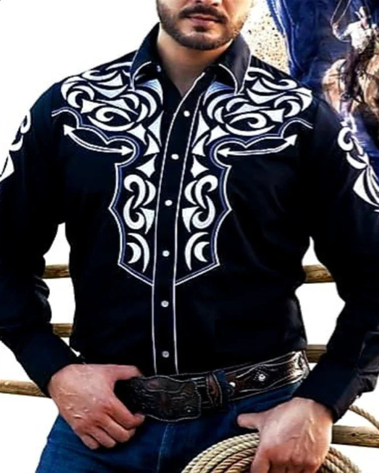 2024 Western denim mens shirt buttondown lapel casual long sleeve high quality oversized size 250226