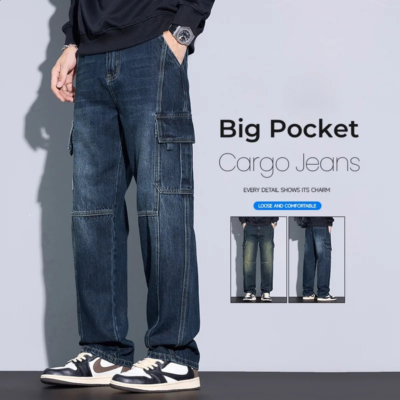 Mens 97% Cotton Straight Cargo Jeans Trendy Multi-pocket Nostalgic Loose Trousers Mens American Vintage Fashion Denim Pants 250226