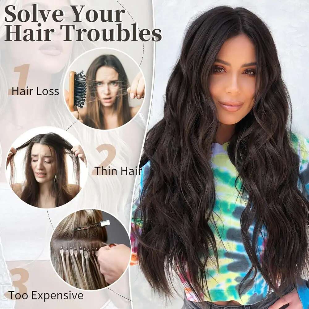 Clip In Long Wavy Synthetic Extension 24 Inch Black 6Pcs Thick Hairpieces Fiber Double Weft Hair For Women