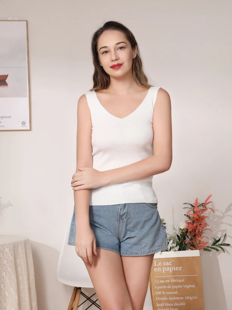 Knitted Women Tank Top Underwear Sexy Padded V Neck Backless Crop Tops Camisole Female Sleeveless Solid Intimate Lingerie Tops 250224
