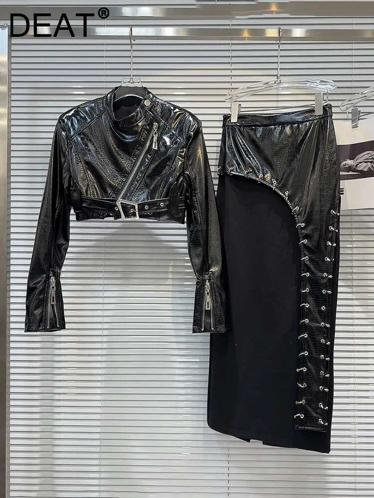 DEAT Fashion Women Strand Collar Zipper Belt Leather Jakcet Metal Circle High Waist Patchwork Skirts Female 2025 Spring 11Xx8961