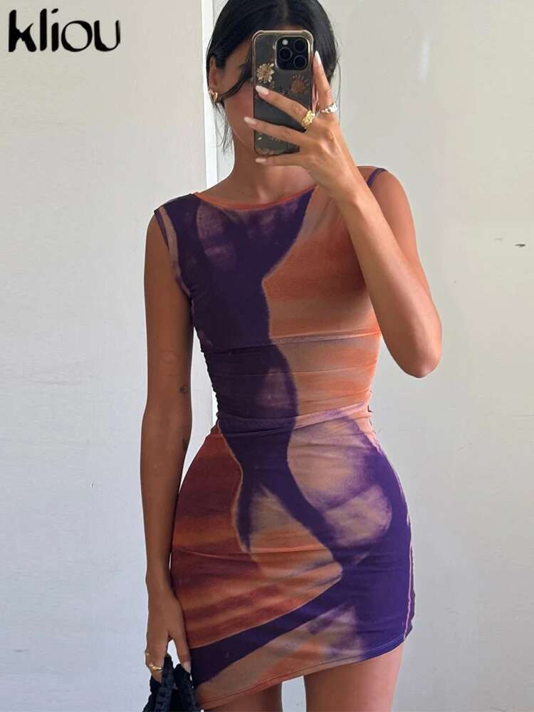 Kliou Panelled Women Mini Dress Fashion Summer Asymmetrical Crew Neck Sleeveless Skinny Robe Female New Club Streetwear Vestidos