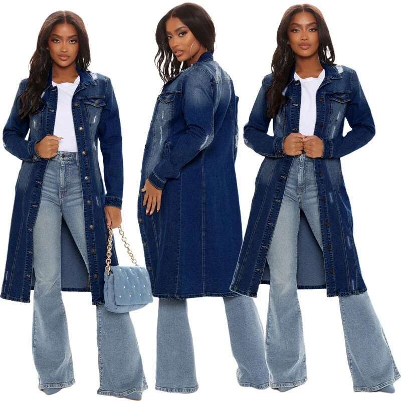 New Arrival Fashion Hole Cotton Aumn Winter Denim Jacket 2023 Trench Cardigan Jeans Cape Women Long Sleeve Jean Coat
