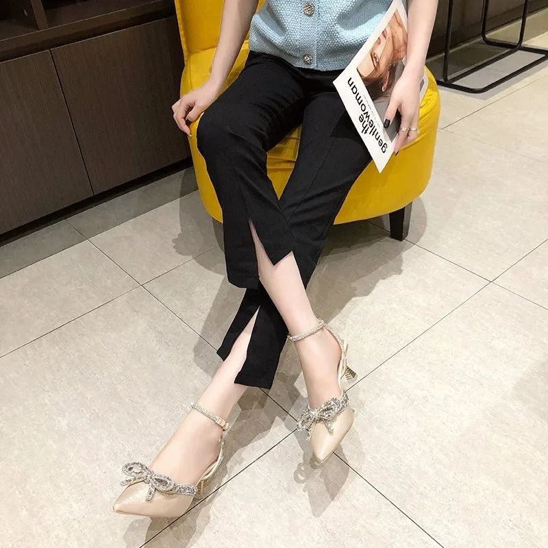 Clear Heels Beige Heeled Sandals Buckle Strap Comfort Shoes for Women Med 2023 Summer Black Girls Closed Medium Pointed Sandals 250218
