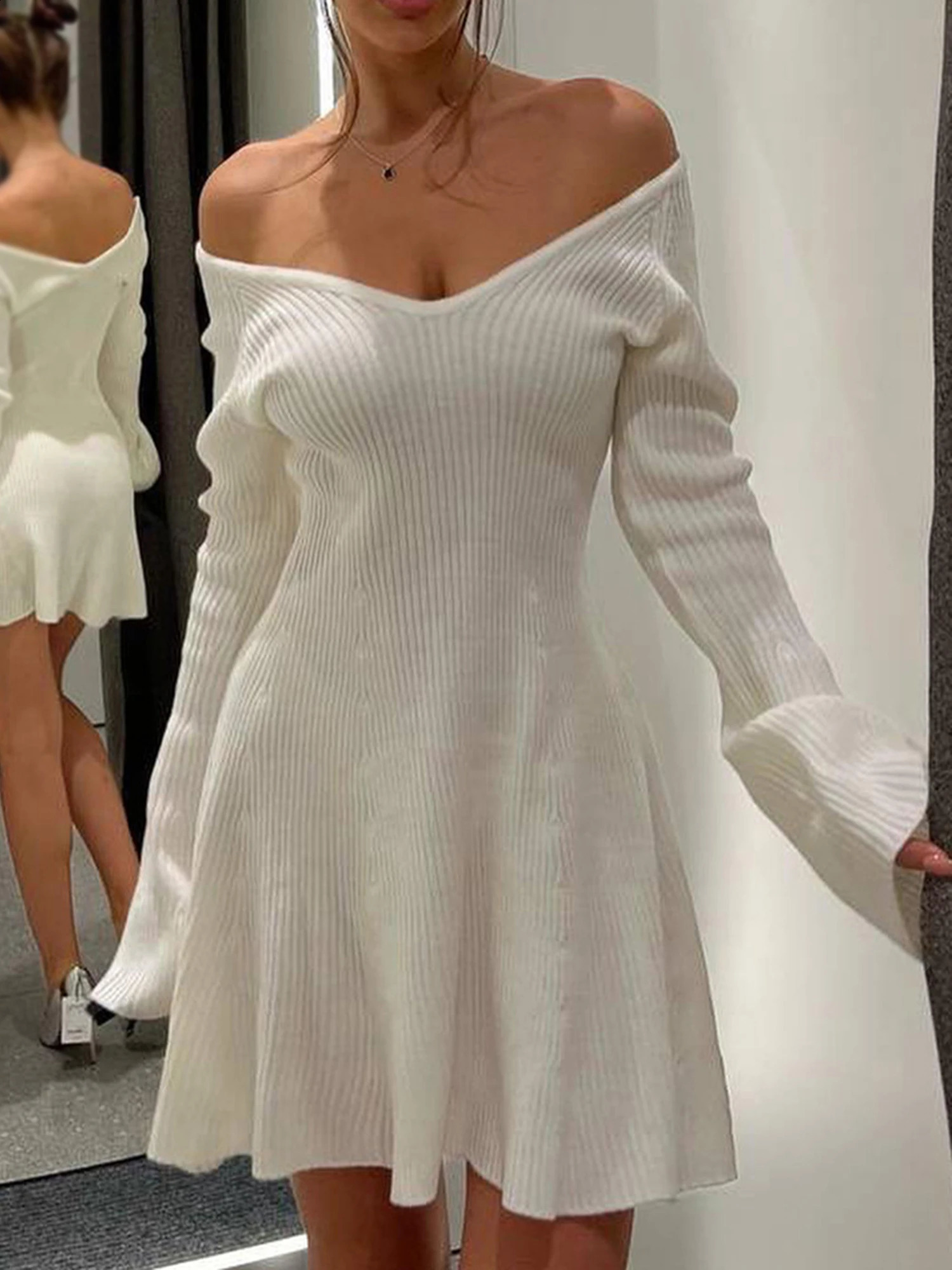 wsevypo Womens Long Sleeve Knitted Dress Fashion Basics Off Shoulder V Neck High Waist A Line Short for Party Club Work 250227Z