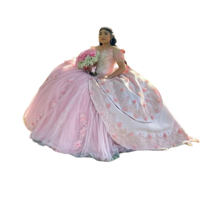 Princess Pink Quinceanera Dresses Lace Appliques Flowers Off Shoulder Corset Ball Gown Sweet 16 Dress Short Sleeves Tulle Satin Luxurious Special Occa