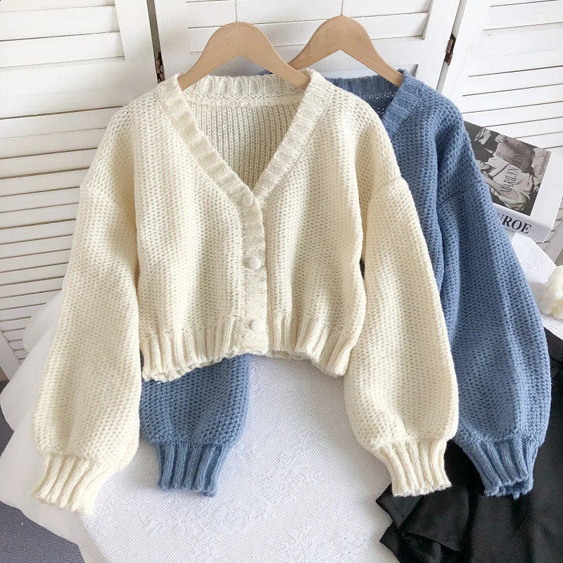 Retro Lazy Vneck Longsleeved Knitted Cardigan Autumn Winter Breasted Sweater Jacket Solid Color Short Women Cardigans 250225
