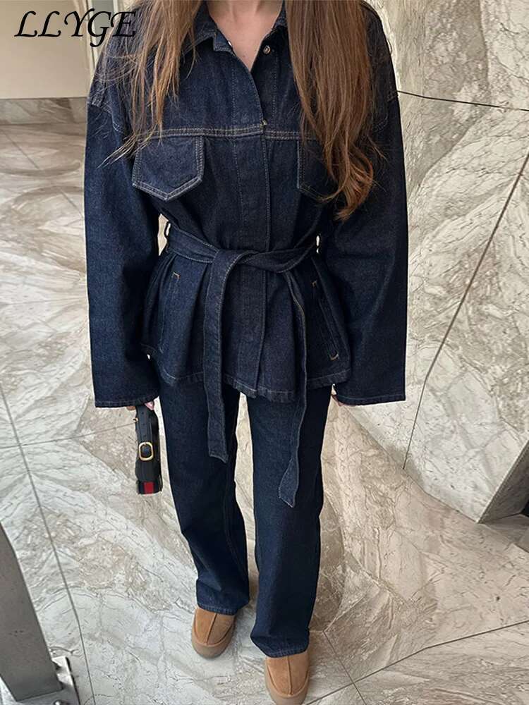 Designer Vintage Belt Denim Jacket Pants Set Women Lapel Single Breasted Jackets Pockets Straight Jeans Spring Lady Street Outfits