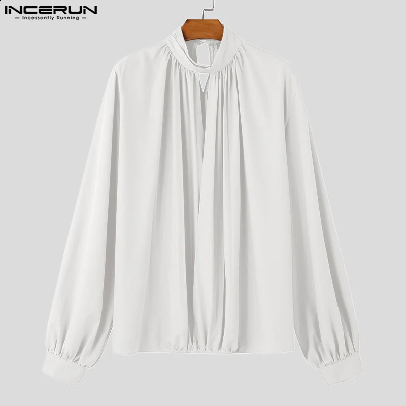 Casual Stand Collar Hollow Blouses INCERUN Men Long Sleeved Solid Color Shirts Fashion Loose Ruffled Edge Blouses 250224