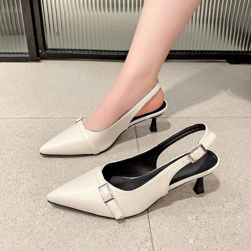 Women Summer Sandals Temperament Black Sandals Pointed Toe Kitten Stiletto Heel Buckle Shoes 250228
