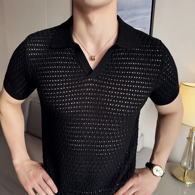 Mens Polo Shirt Summer Light and Thin Knitted Hollow Solid Color Casual Short Sleeved V-neck T-shirt Mens Clothing 250228